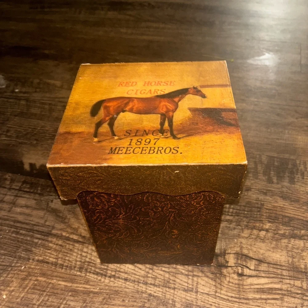 Brown Vintage-Style Wooden Box with Horse Design